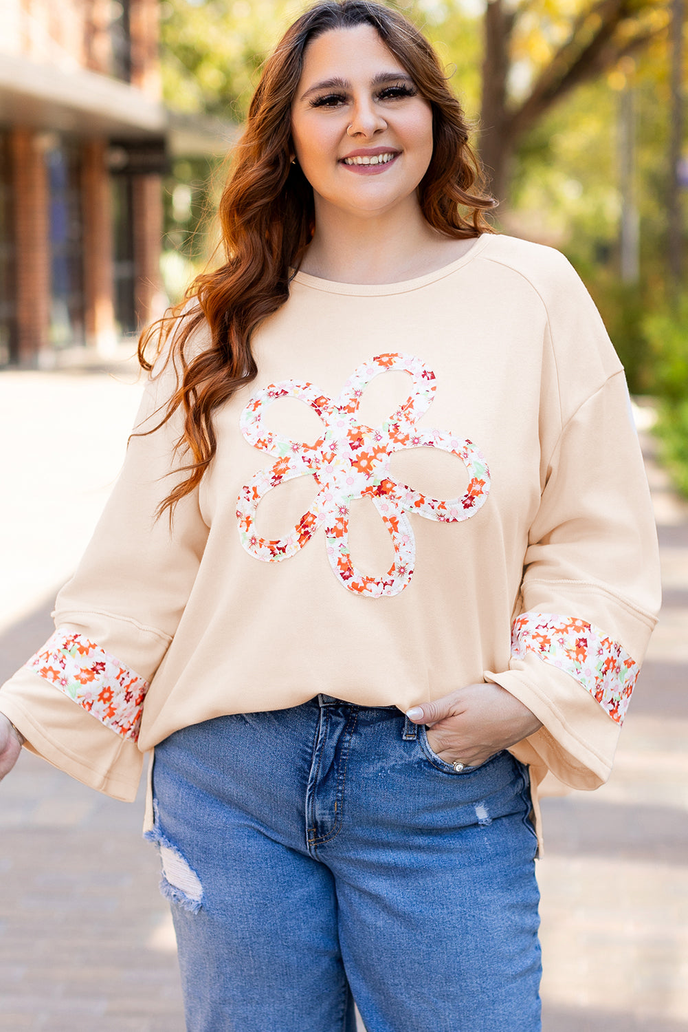 Beige Plus Size Flower Patched Side Slits Crewneck Top