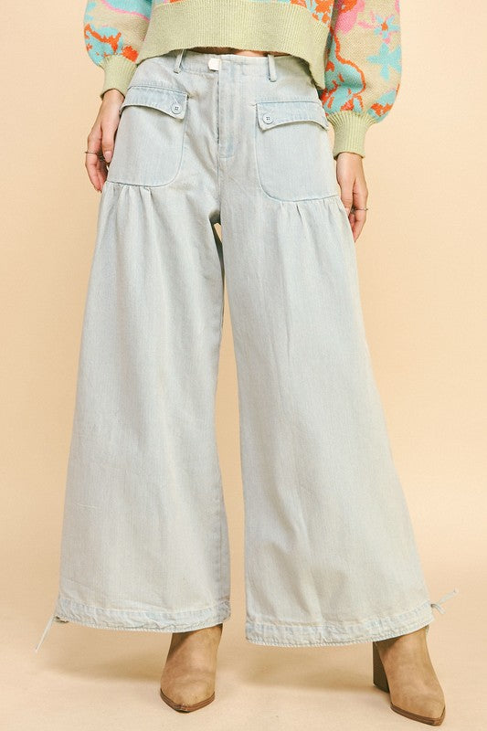 Davi & Dani Drawstring Hem Wide Leg Mid Rise Jeans