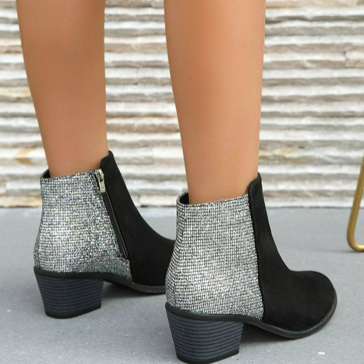 Color-blocking Sequin Chunky Heel Plus Size Side Zip Short Boots Women