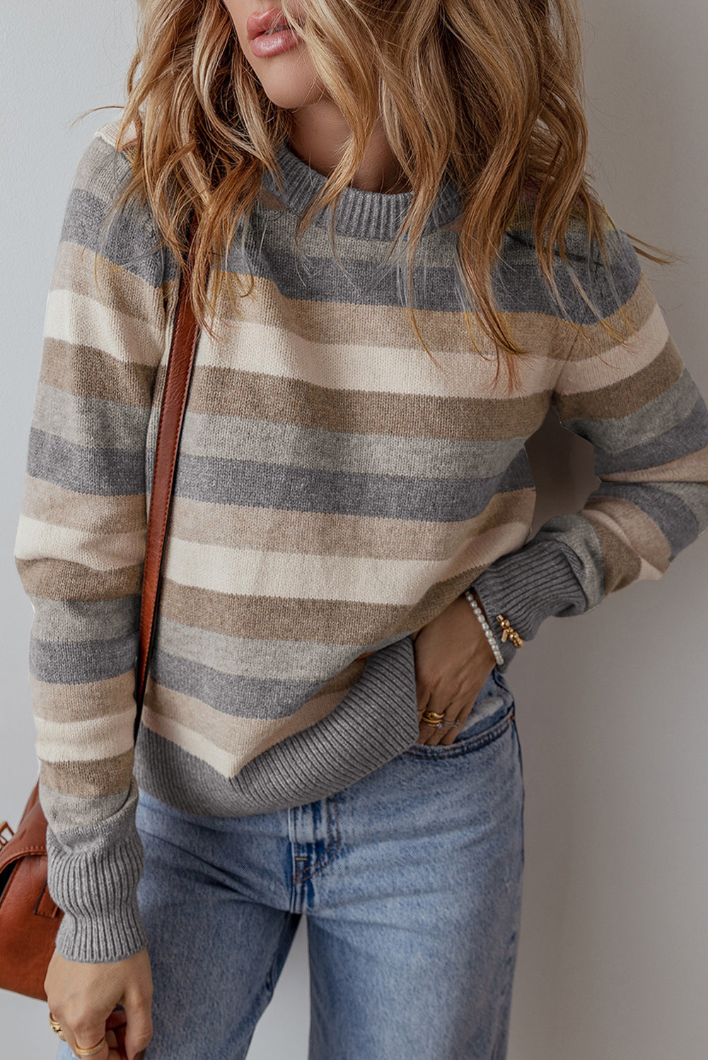 Gray Stripe Color Block Ribbed Edge Round Neck Sweater