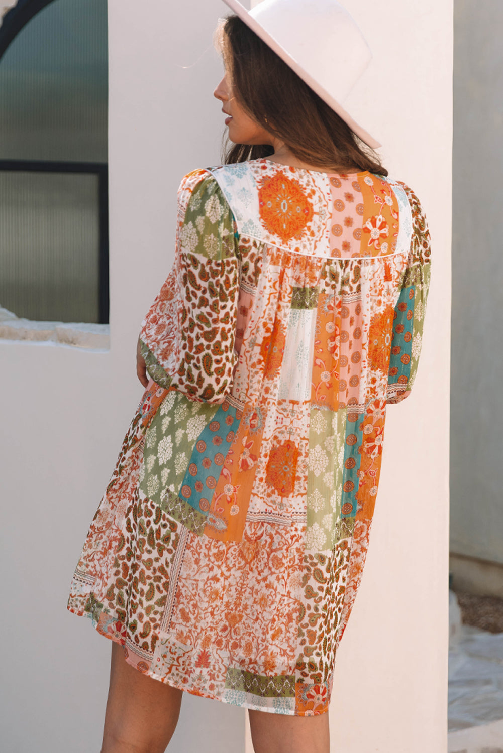 Orange Boho Paisley Mixed Print 3/4 Sleeve Chiffon Loose Dress