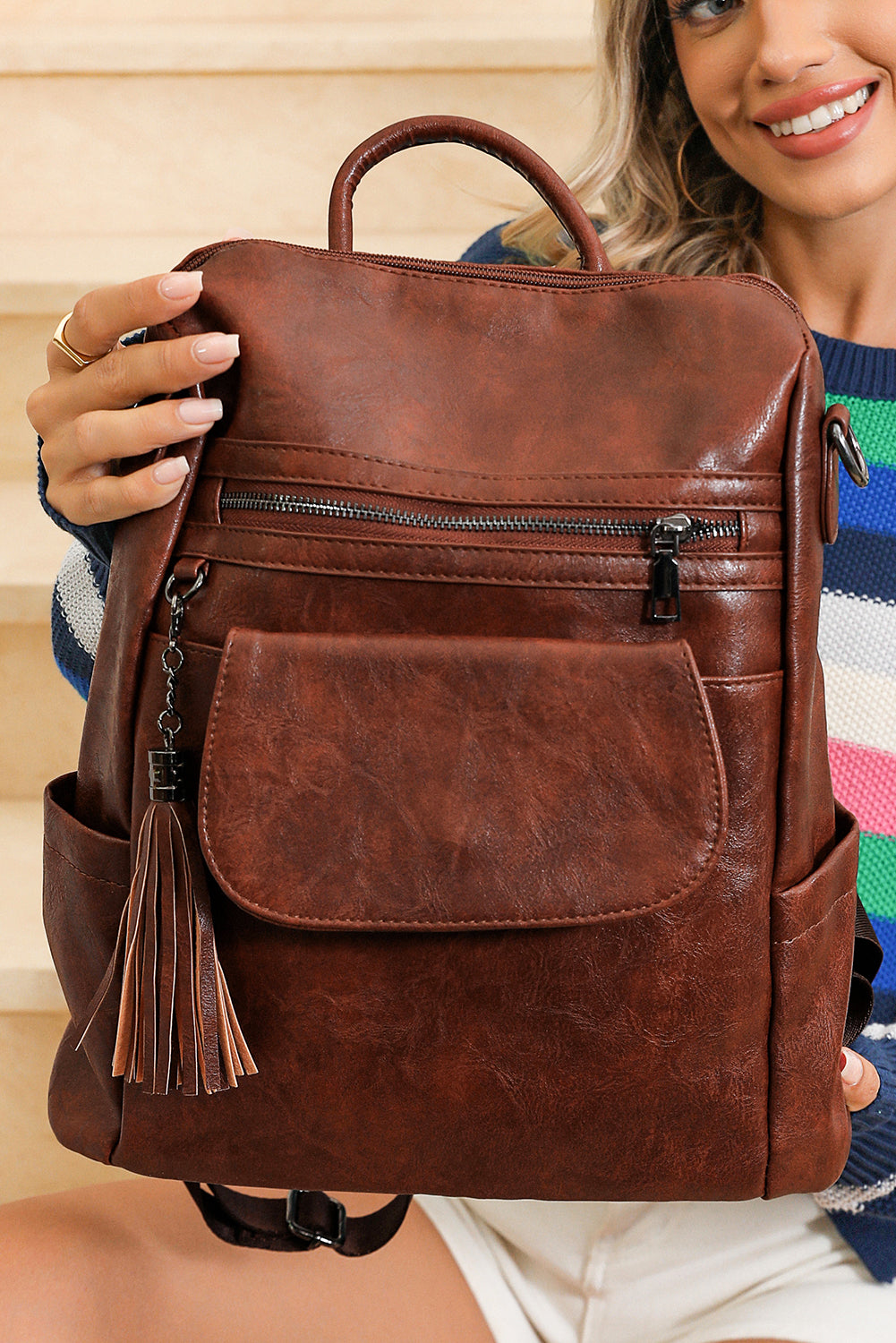 Brown Tassel Decor Retro PU Large Capacity Backpack