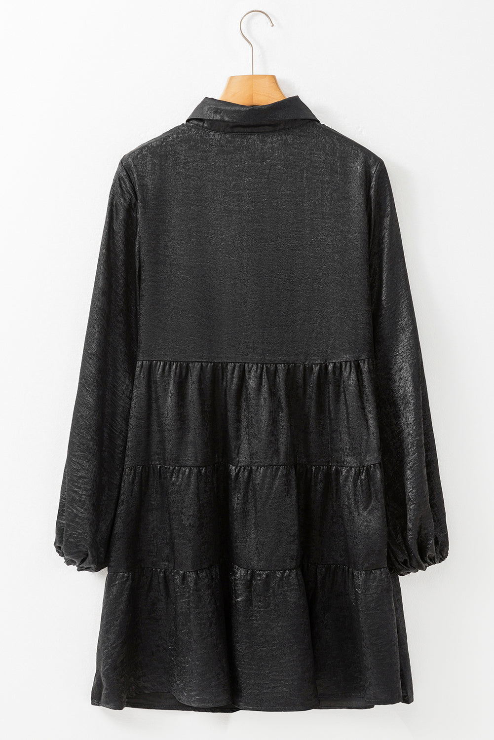 Black Metallic Sheen Puff Sleeve Button Up Mini Shirt Dress