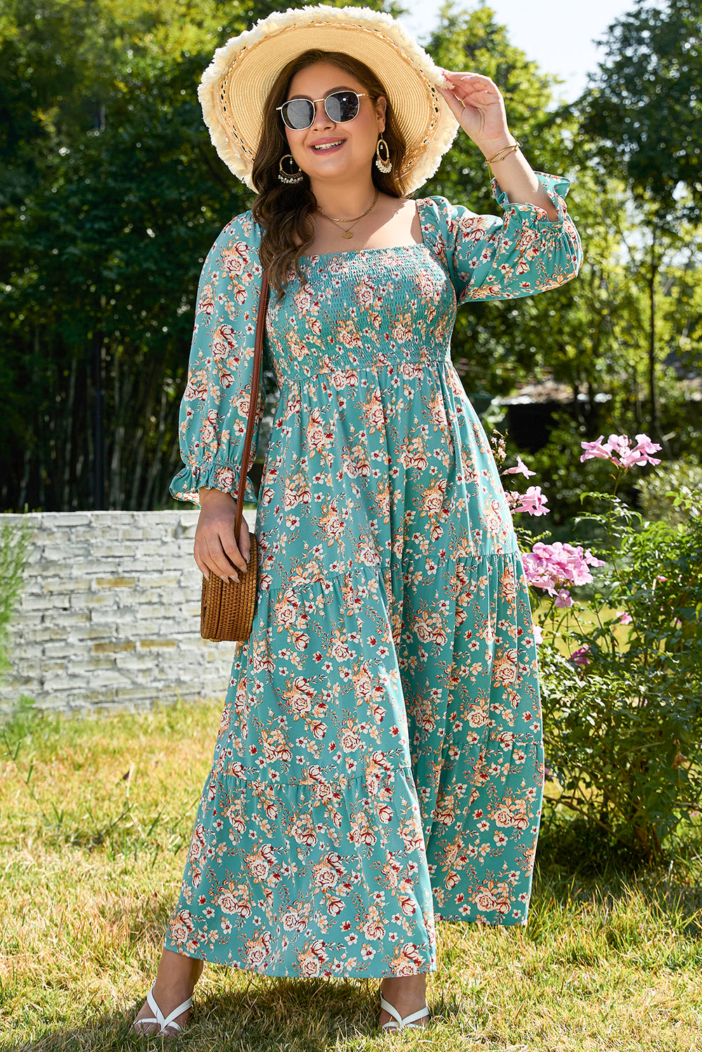 Green Plus Size Floral Print Square Neck Smocked Maxi Dress