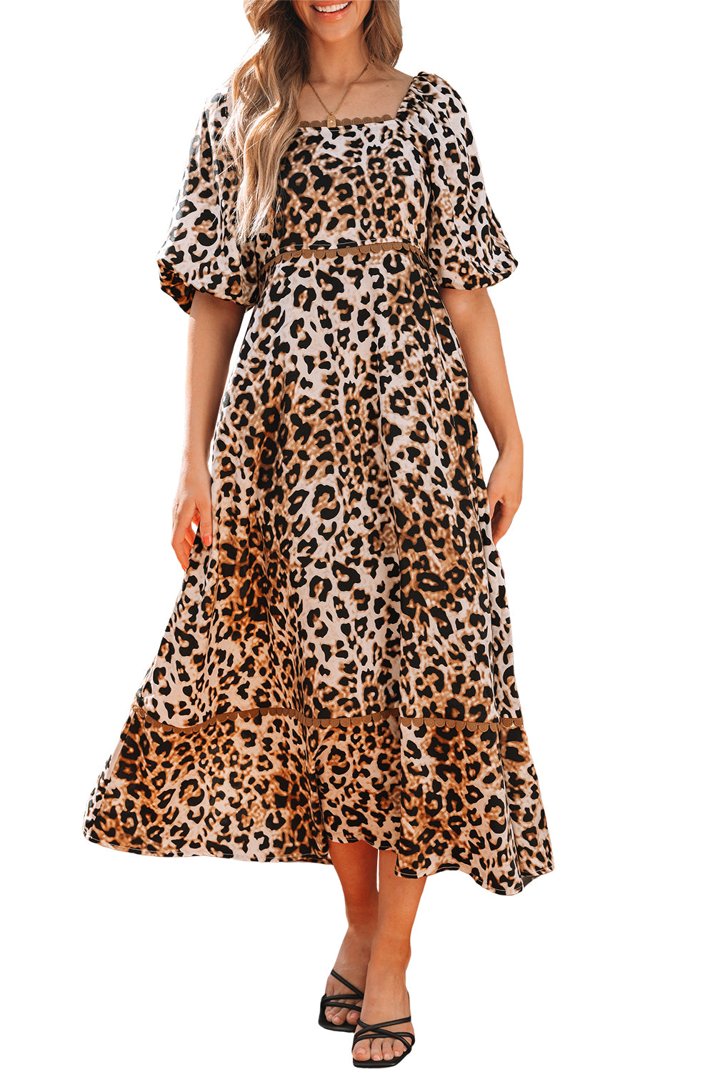 Brown Leopard Print Bubble Sleeve Square Neck Maxi Dress