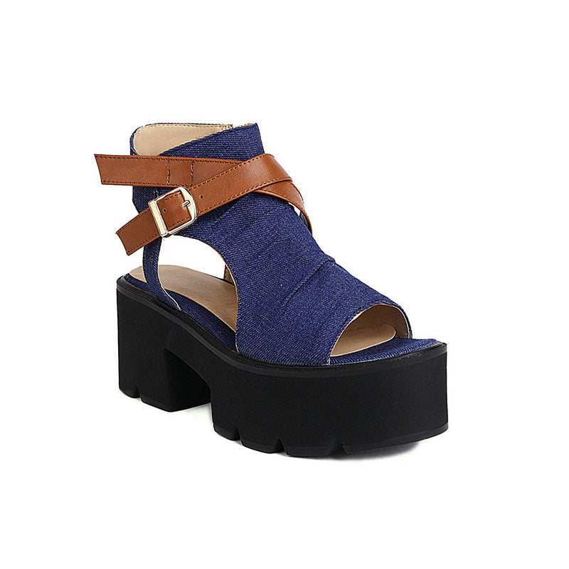 Denim Women's Sandals Leather Ring Strap Peep Toe Cool