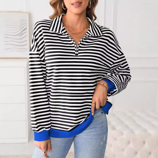 Striped Round Neck Contrast Color Loose Long Sleeve Sweatershirt