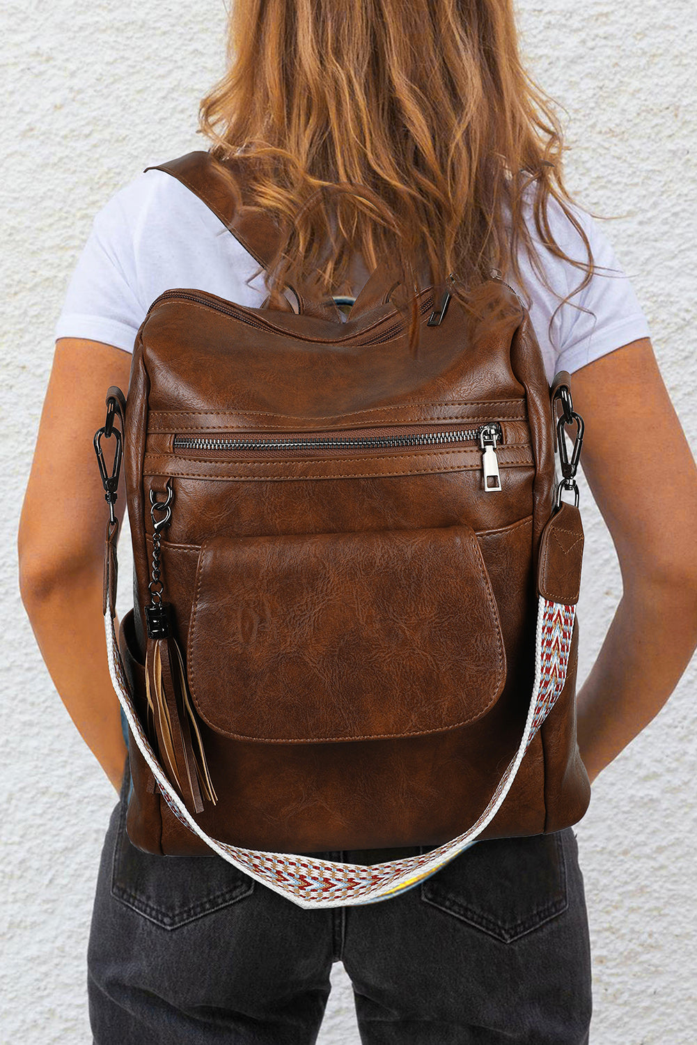 Brown Tassel Decor Retro PU Large Capacity Backpack