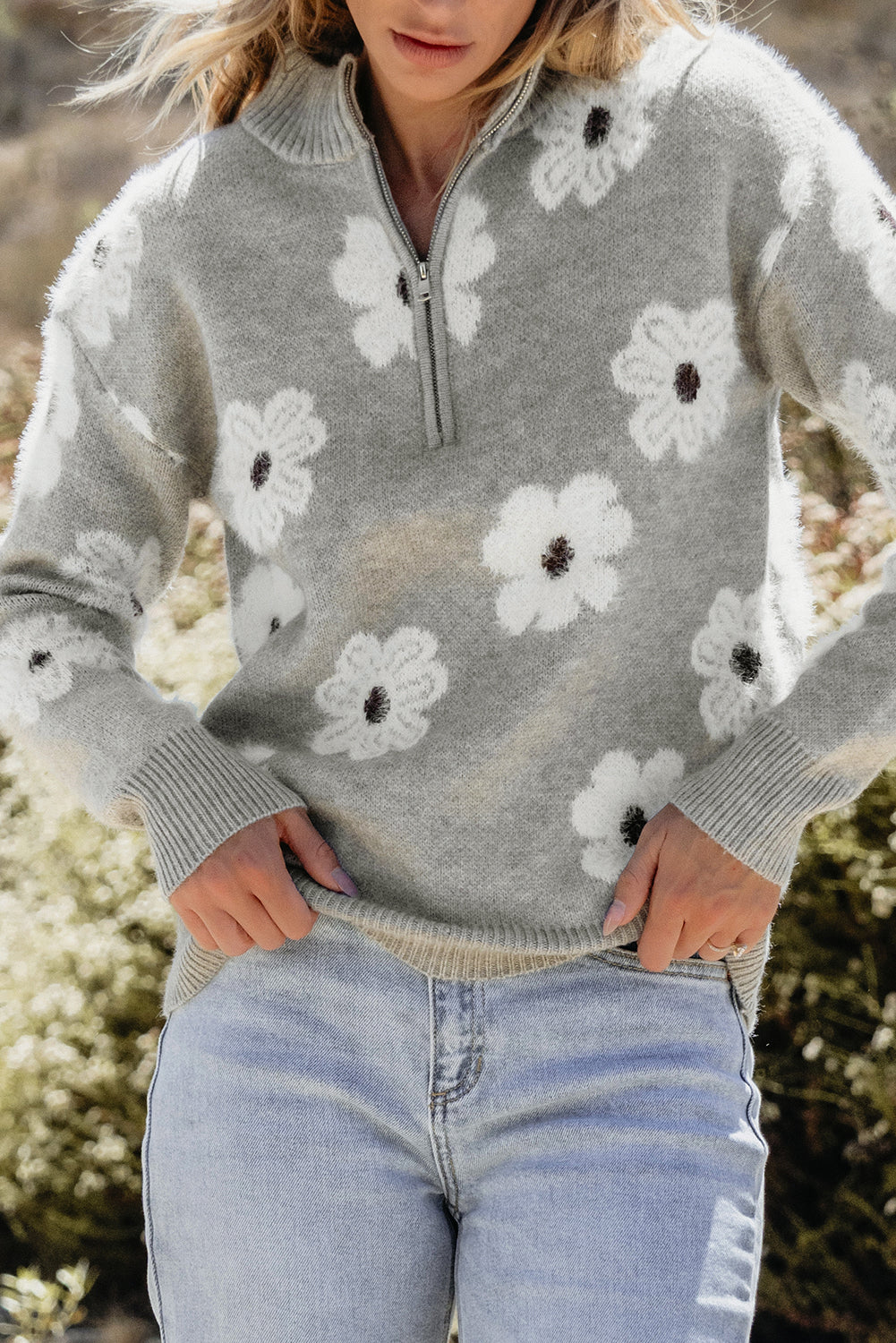 Gray Floral Pattern Half Zip Drop Shoulder Sweater