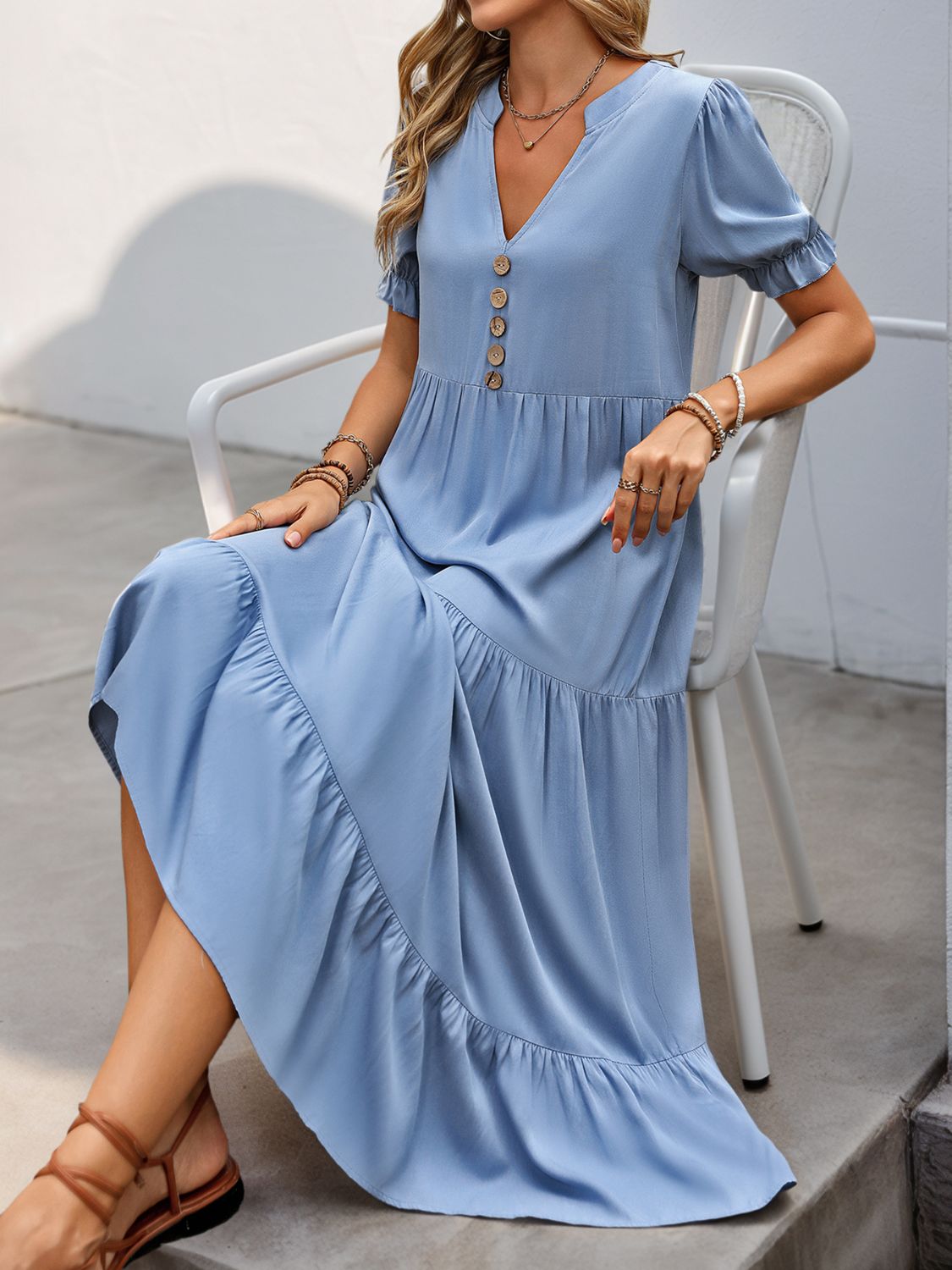 Perfee Decorative Button Notched Short Sleeve Midi Dress