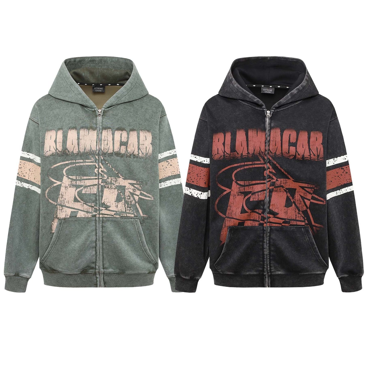 Washed Distressed Letters Printed Hooded Cardigan Sweater Men And Women