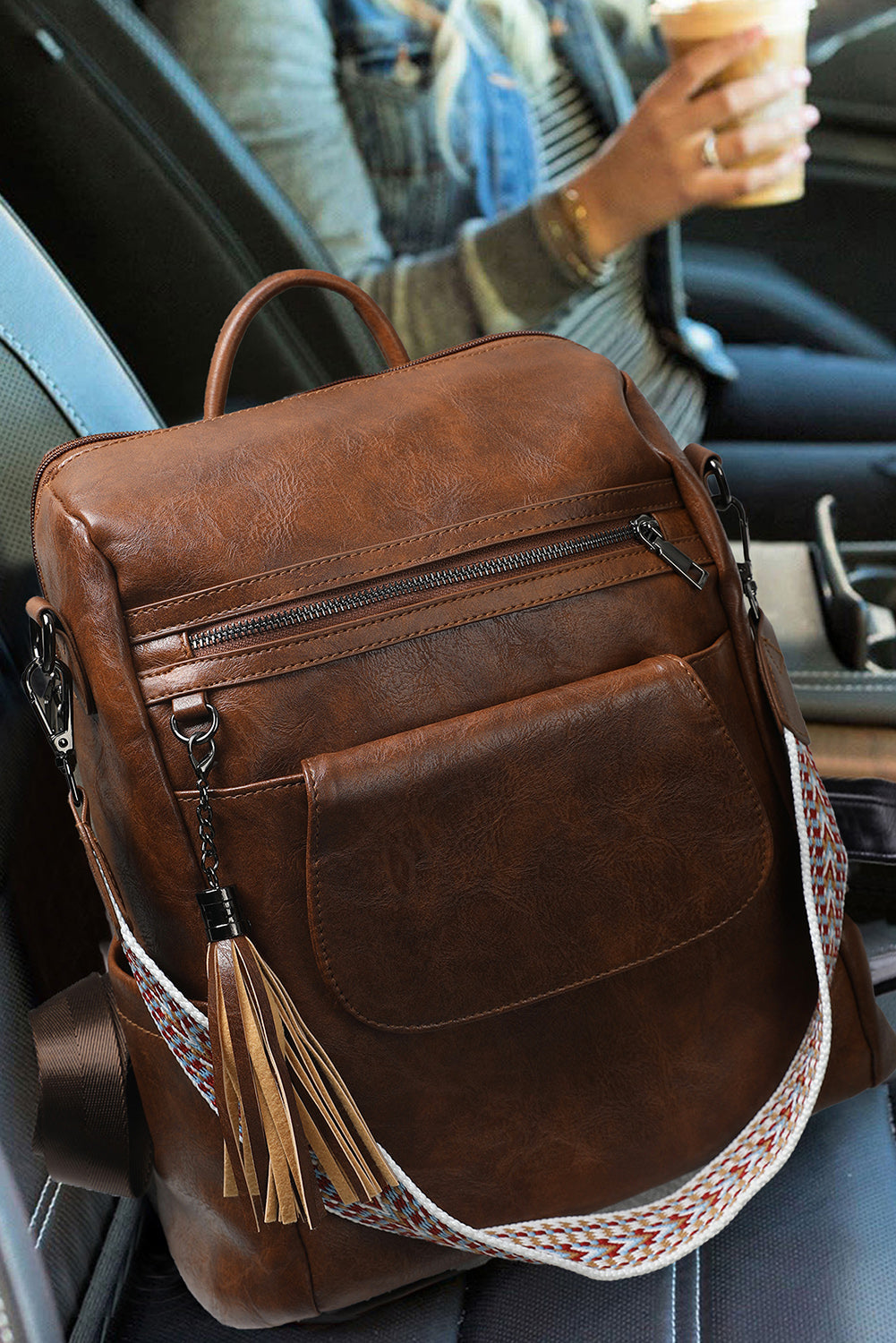 Brown Tassel Decor Retro PU Large Capacity Backpack