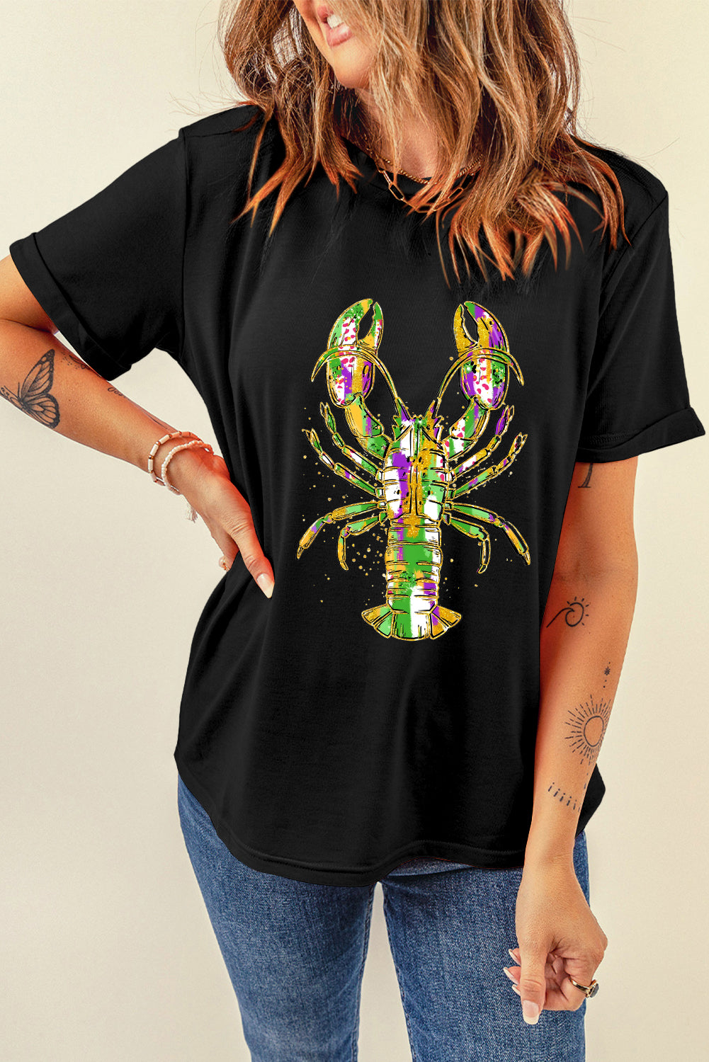 Black Mardi Gras Lobster Graphic Heat Transfer T Shirt