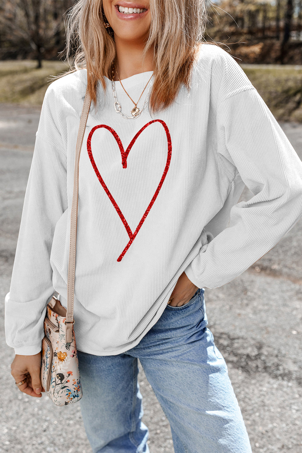 White Glitter Heart Print Corded Graphic Pullover Sweatshirt