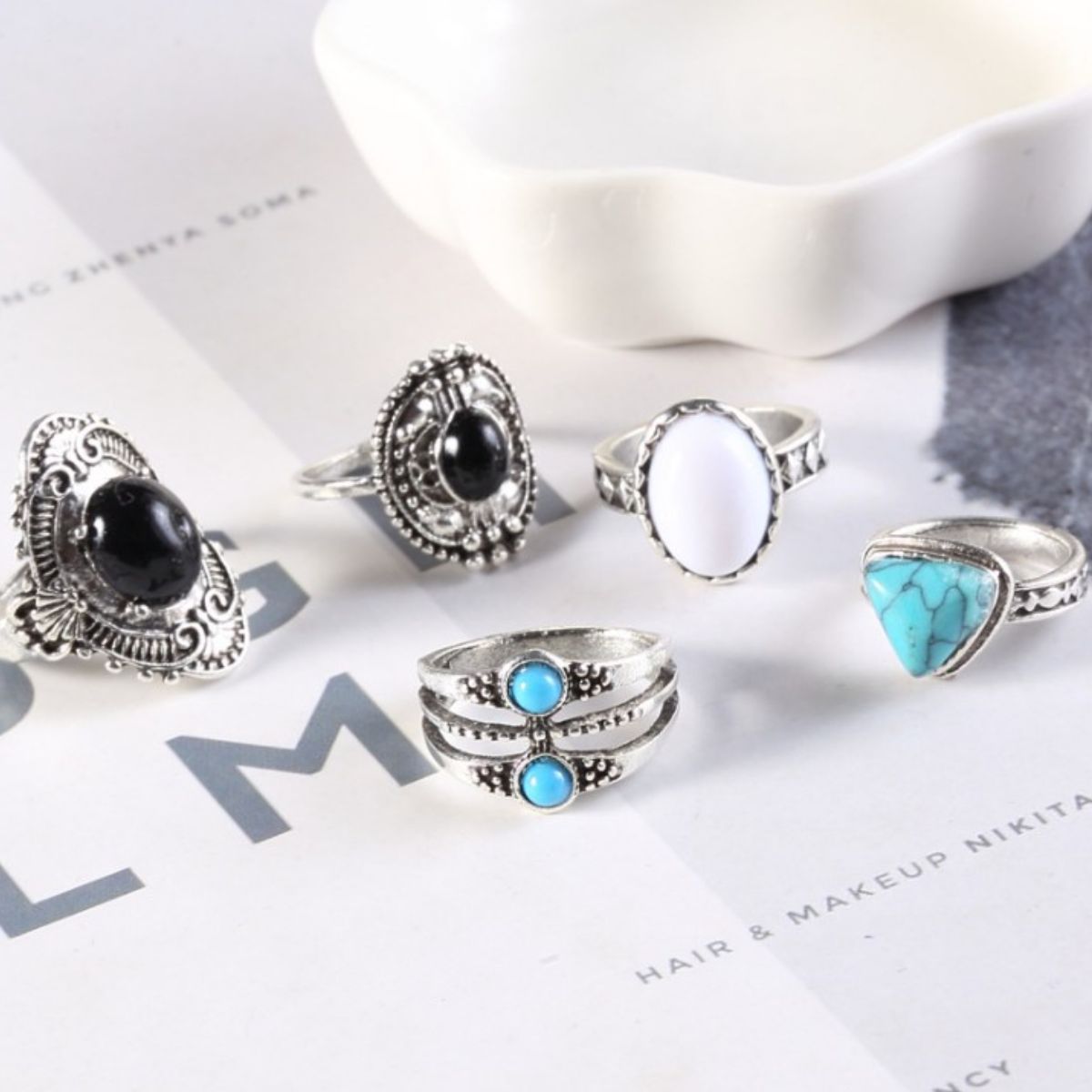 Alloy Turquoise 5-Piece Ring Set