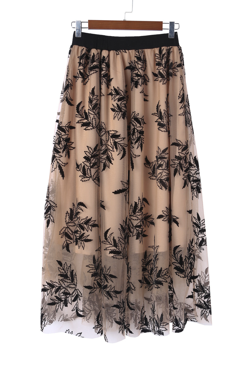 Gold Flame Floral Leaves Embroidered High Waist Maxi Skirt