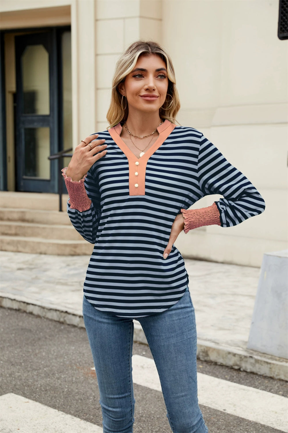 Contrast Striped Notched Long Sleeve Top