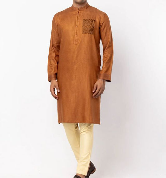 Embroidered Brown Viscose-Cotton Panjabi Pajama Set