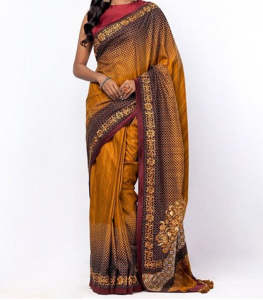 Sophisticated Bronze Endi Silk Saree with Artistic Print and Embroidery