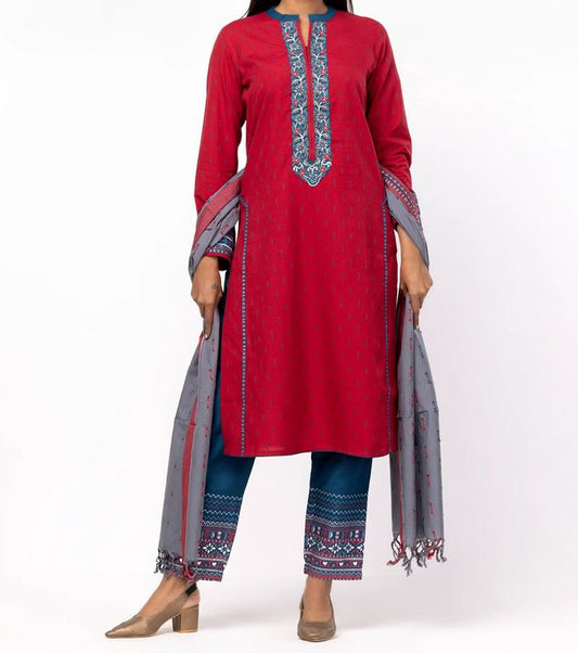 Folk Art Red Shalwar Kameez Adorned with Fine Embroidery