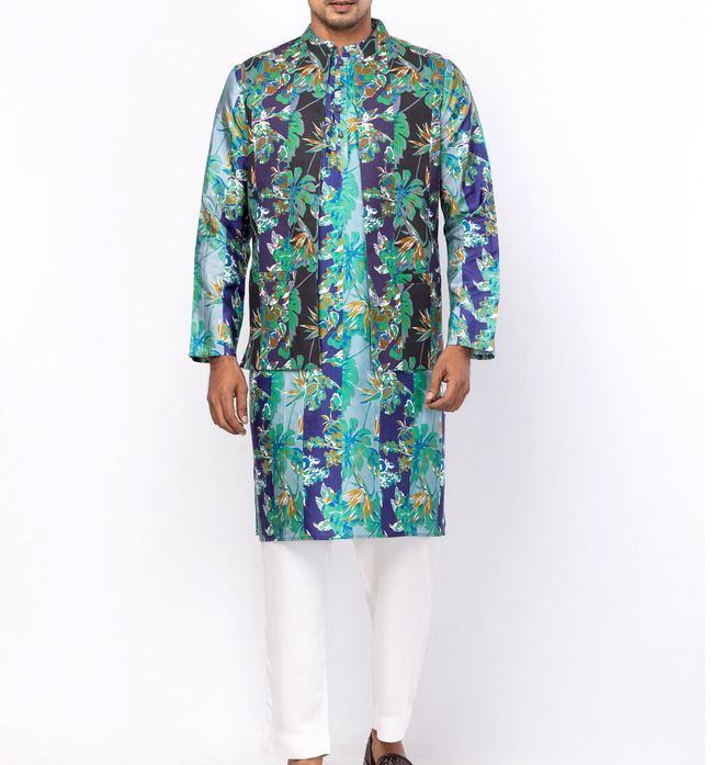 Elegant Mint Blue Panjabi Pajama Set with Silk Printed Coaty