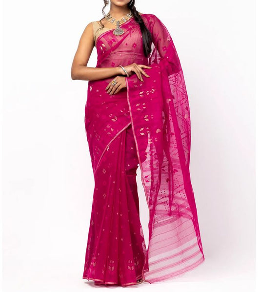 Stunning Magenta Jamdani Saree in Half Silk