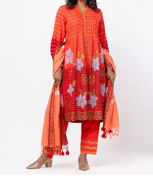 Luxurious Fire Orange Shalwar Kameez with Intricate Punching Block Patterns