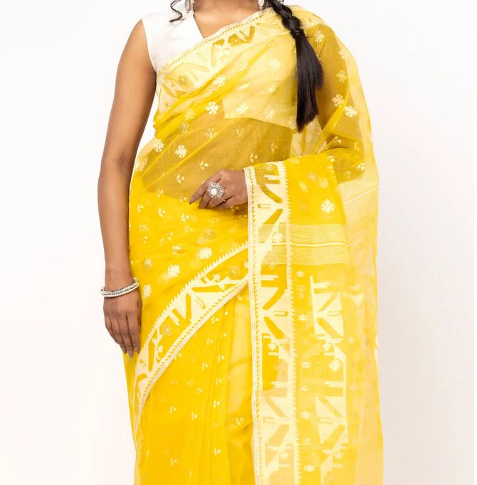 Luxurious Yellow Jamdani Saree in Half Silk