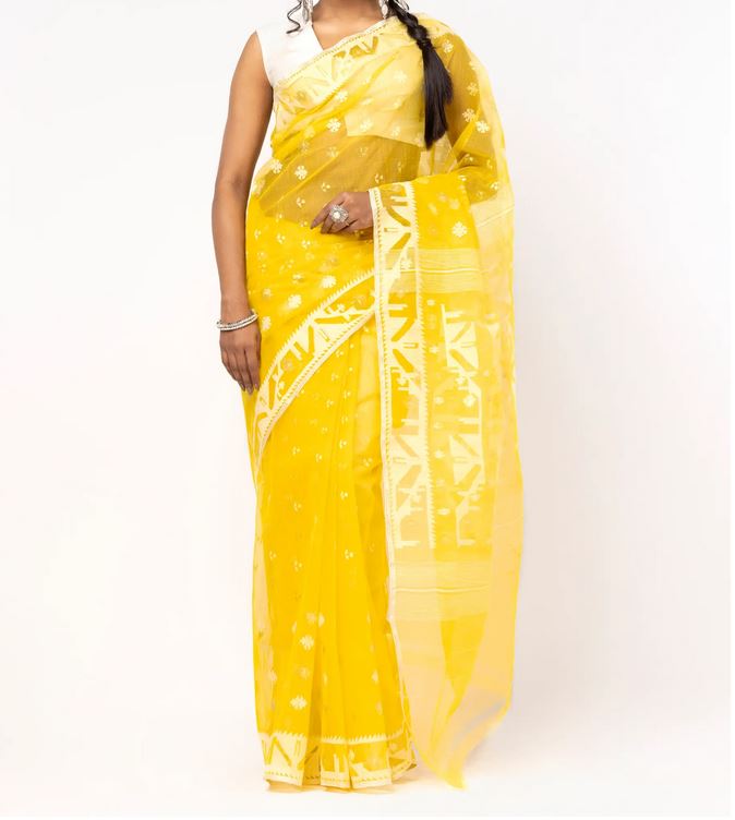 Luxurious Yellow Jamdani Saree in Half Silk