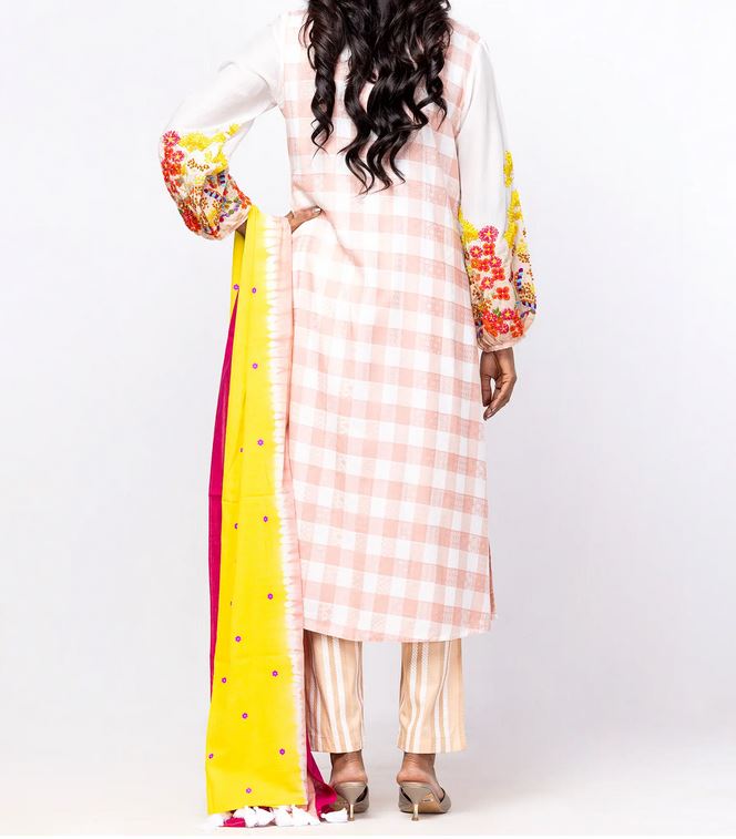 Charming Peach Interwoven Design Shalwar Kameez with Embroidery