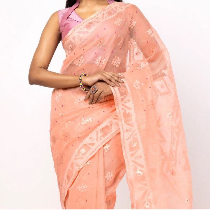 Timeless Peach Jamdani Half-Silk Saree