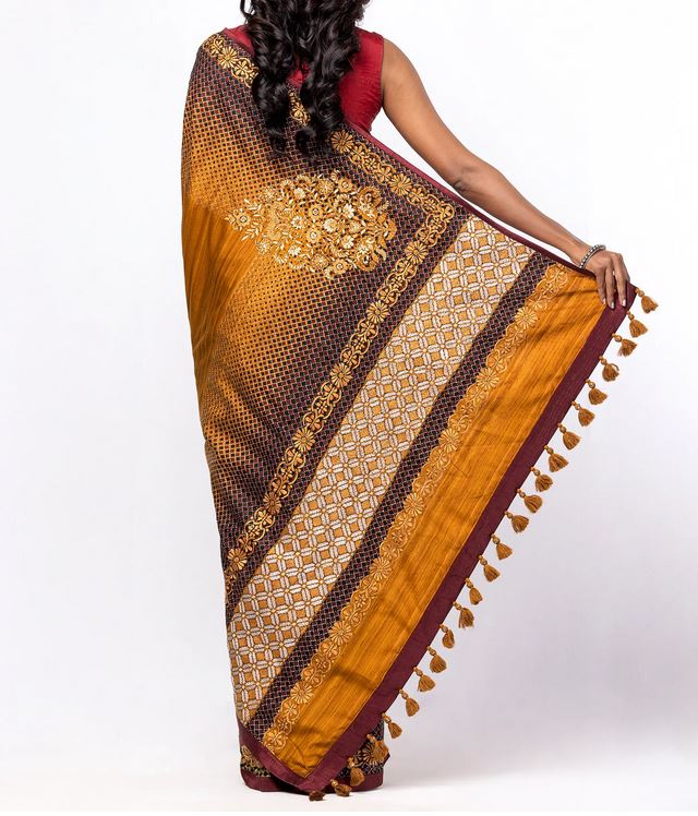 Sophisticated Bronze Endi Silk Saree with Artistic Print and Embroidery