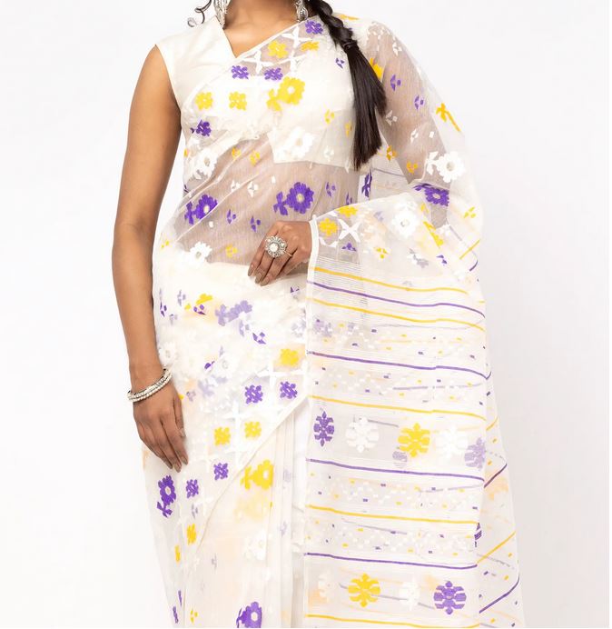 Vibrant White Half-Silk Jamdani Masterpiece