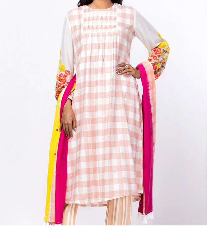 Charming Peach Interwoven Design Shalwar Kameez with Embroidery