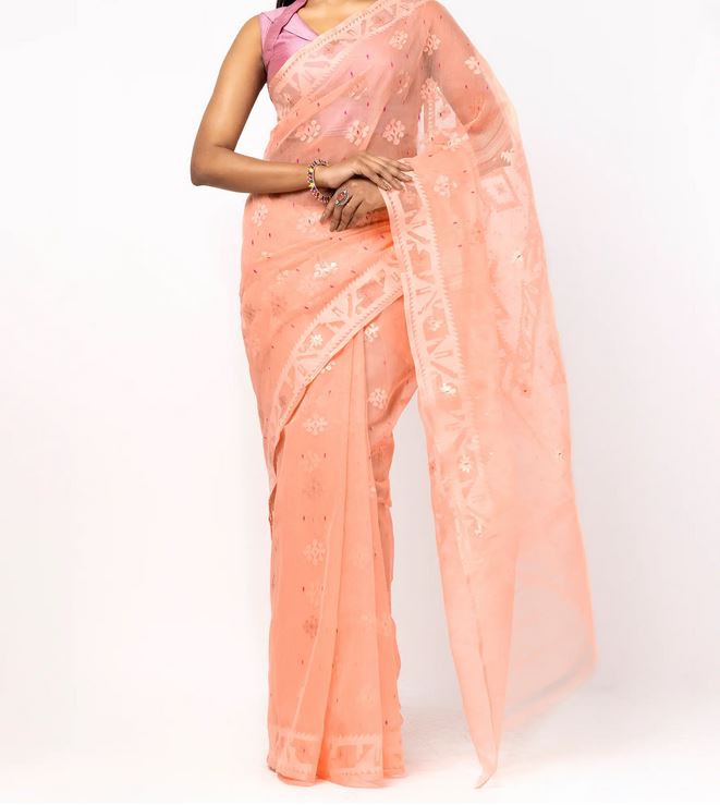 Timeless Peach Jamdani Half-Silk Saree