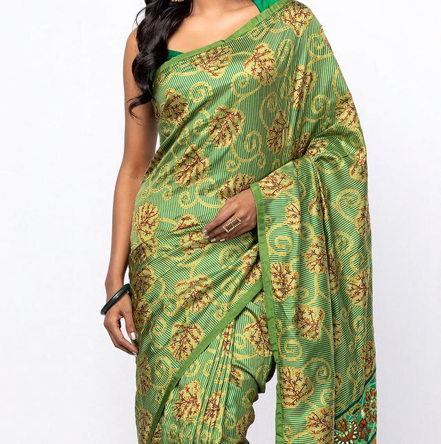 The Art of Kantha Green Saree with Intricate Embroidery