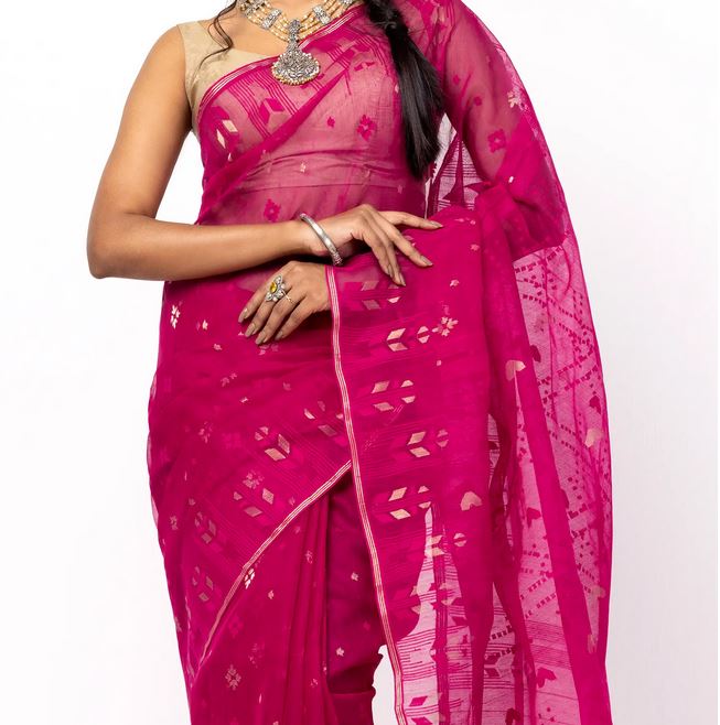 Stunning Magenta Jamdani Saree in Half Silk