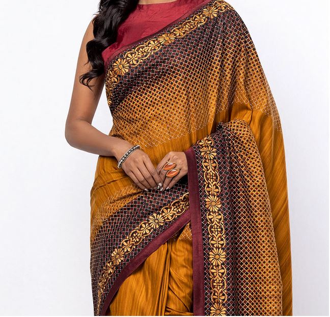 Sophisticated Bronze Endi Silk Saree with Artistic Print and Embroidery