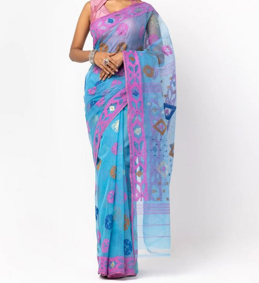 Sophisticated Sky Blue Jamdani Saree with Half-Silk Touch