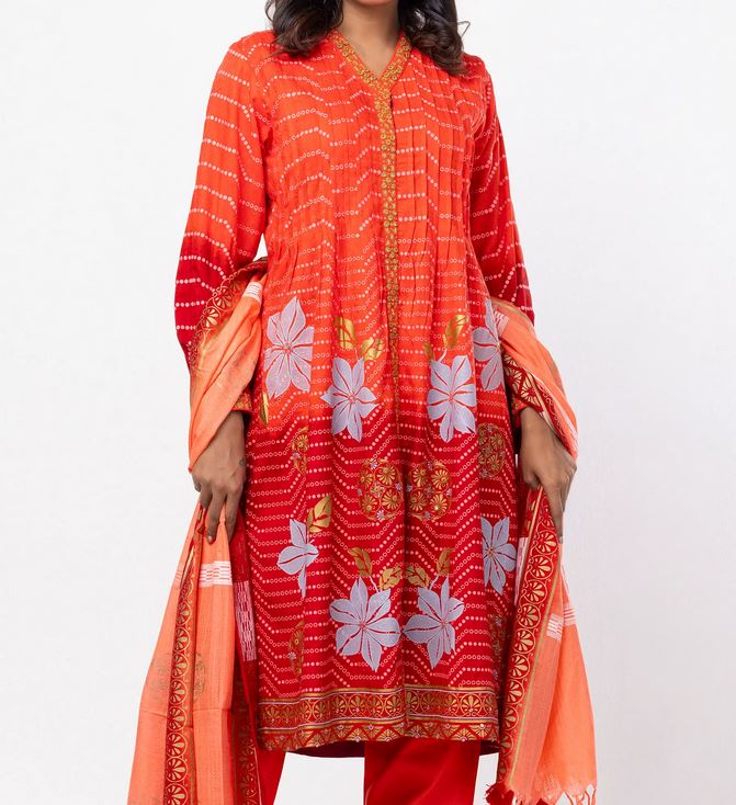 Luxurious Fire Orange Shalwar Kameez with Intricate Punching Block Patterns