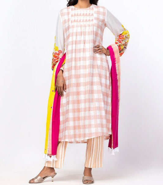 Charming Peach Interwoven Design Shalwar Kameez with Embroidery