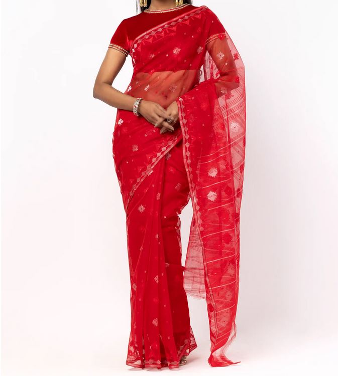 Vibrant Red Half-Silk Jamdani Elegance