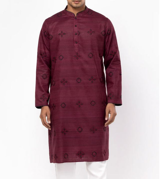 Handcrafted Maroon Panjabi with Embroidery on Endi Cotton