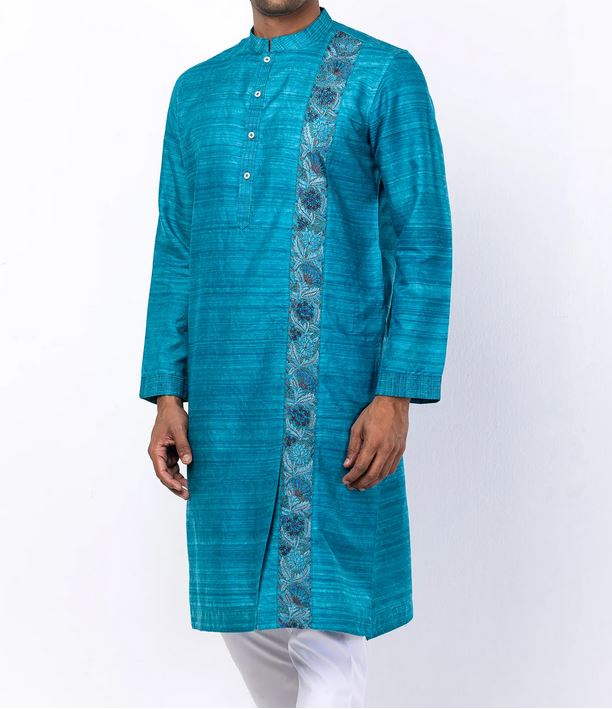 Elegant Teal Panjabi with Handcrafted Erri Embroidery on Endi Silk Cotton