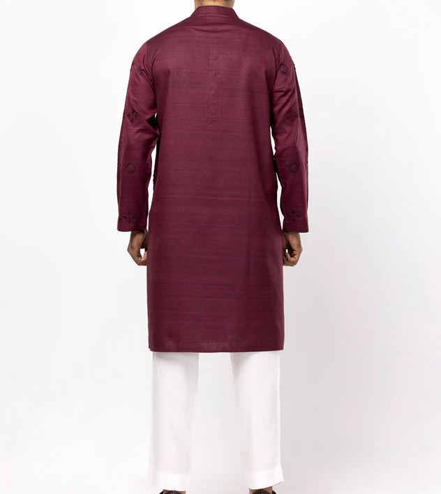 Handcrafted Maroon Panjabi with Embroidery on Endi Cotton