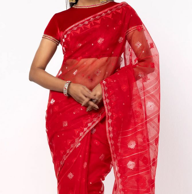 Vibrant Red Half-Silk Jamdani Elegance