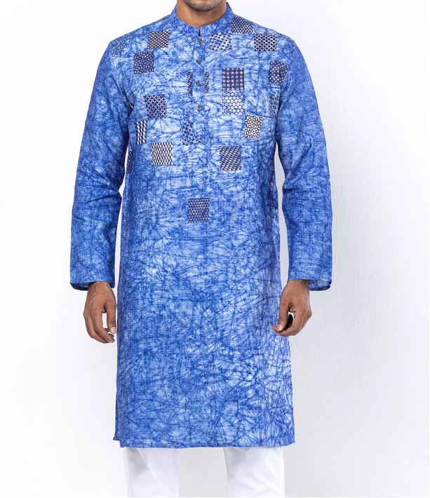 Stylish Blue Embroidered Panjabi in Viscose-Cotton Blend