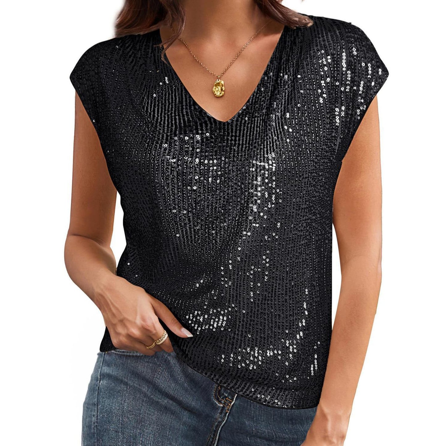 Women's V-neck Sequins Short-sleeved Top Vest