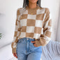 Autumn And Winter Contrast Color Plaid Long Sleeve Pullover Knitted Sweater