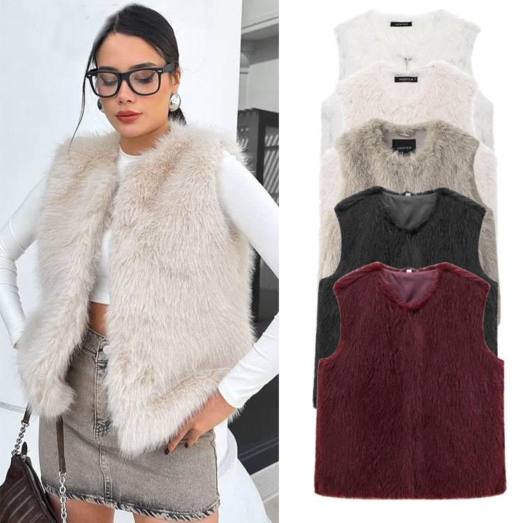 Women's New French Minority Faux Fur Sleeveless Crew Neck Vest